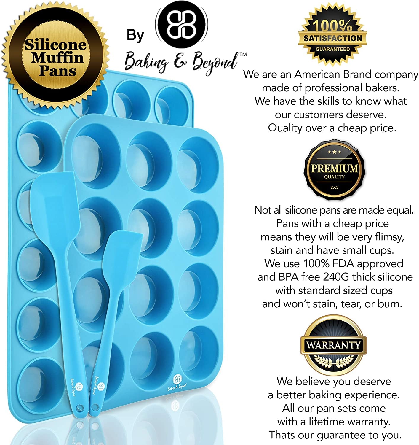 Premium Silicone Muffin Pan - Non Stick Silicone Cupcake Pan - 12 Cup Muffin Tray, 24 Cups Mini Cupcakes Pans - Silicon Muffin Molds - Silicone Baking Set - 2 Spatulas - Recipe E-Book